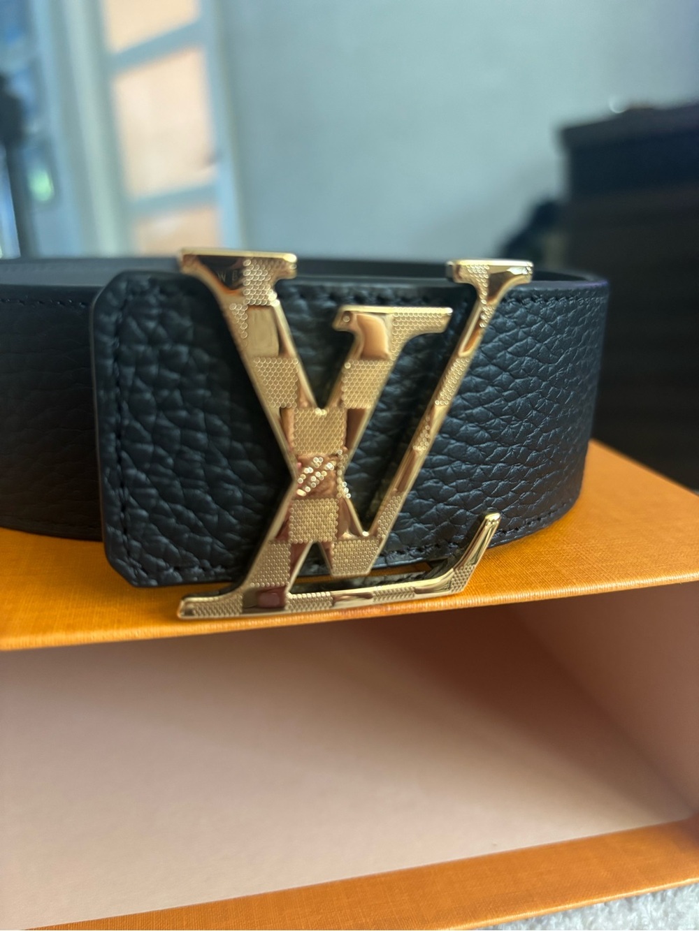 Louis Vuitton Black Leather Belt with Gold LV Initial Buckle